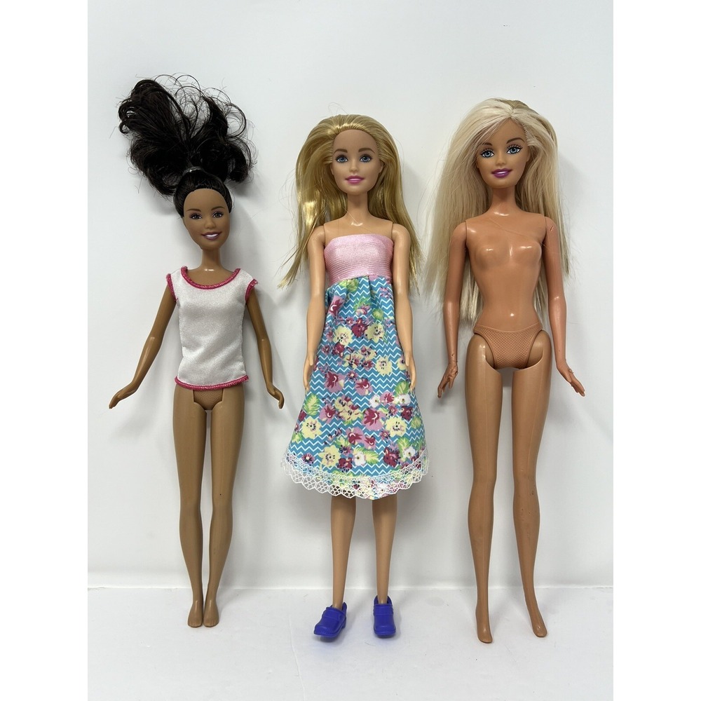 Barbie Doll Lot Of 3 Nude Blonde Hair, Pink Blue Dress, Brunette in white  Shirt
